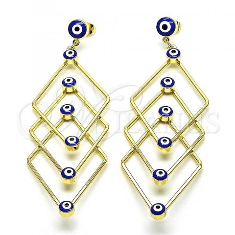 Oro Laminado Long Earring, Gold Filled Style Evil Eye Design, Blue Enamel Finish, Golden Finish, 02.213.0454