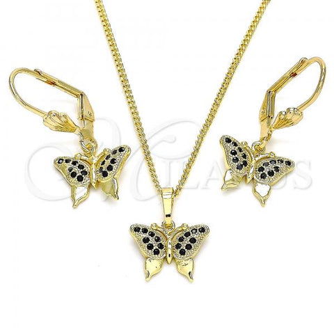 Oro Laminado Earring and Pendant Adult Set, Gold Filled Style Butterfly Design, with Black Micro Pave, Polished, Golden Finish, 10.316.0058.2