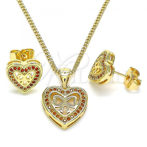 Oro Laminado Earring and Pendant Adult Set, Gold Filled Style Heart and Bow Design, with Garnet Micro Pave, Polished, Golden Finish, 10.156.0408.1