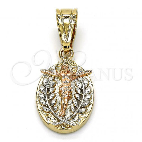 Oro Laminado Religious Pendant, Gold Filled Style Jesus and Leaf Design, Polished, Tricolor, 05.120.0069.1