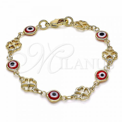 Oro Laminado Fancy Bracelet, Gold Filled Style Evil Eye and Four-leaf Clover Design, Red Resin Finish, Golden Finish, 03.326.0011.1.06