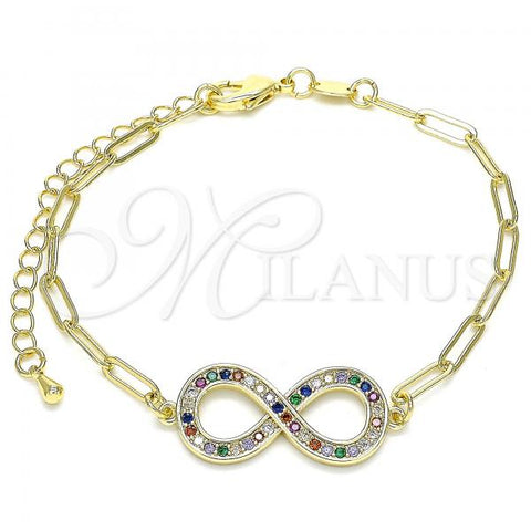Oro Laminado Fancy Bracelet, Gold Filled Style Infinite and Paperclip Design, with Multicolor Micro Pave, Polished, Golden Finish, 03.156.0019.1.07