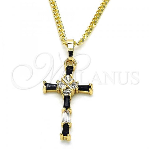 Oro Laminado Pendant Necklace, Gold Filled Style Cross Design, with Black and White Cubic Zirconia, Polished, Golden Finish, 04.284.0008.2.22