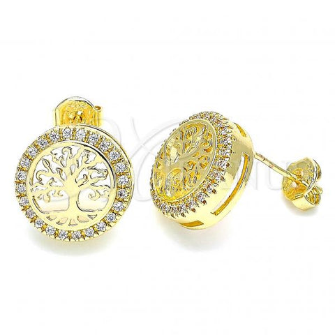 Oro Laminado Stud Earring, Gold Filled Style Tree Design, with White Micro Pave, Polished, Golden Finish, 02.156.0473