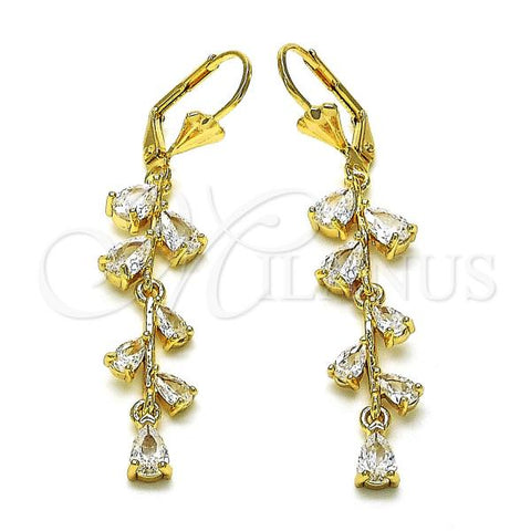 Oro Laminado Long Earring, Gold Filled Style Leaf Design, with White Cubic Zirconia, Polished, Golden Finish, 02.210.0840
