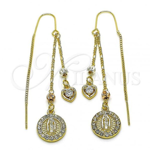 Oro Laminado Threader Earring, Gold Filled Style Guadalupe and Heart Design, with White Crystal and White Cubic Zirconia, Polished, Tricolor, 02.253.0074