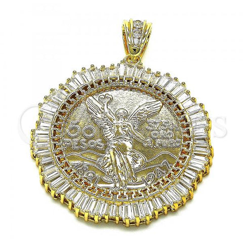 Oro Laminado Religious Pendant, Gold Filled Style Centenario Coin and Angel Design, with White Cubic Zirconia, Polished, Golden Finish, 05.380.0157