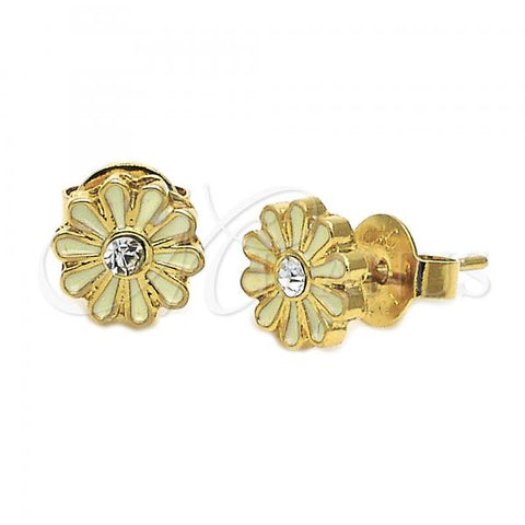Oro Laminado Stud Earring, Gold Filled Style Flower Design, with White Crystal, White Enamel Finish, Golden Finish, 02.64.0223 *PROMO*