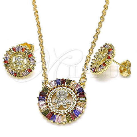 Oro Laminado Earring and Pendant Adult Set, Gold Filled Style Little Boy Design, with Multicolor Cubic Zirconia and White Micro Pave, Polished, Golden Finish, 10.316.0048