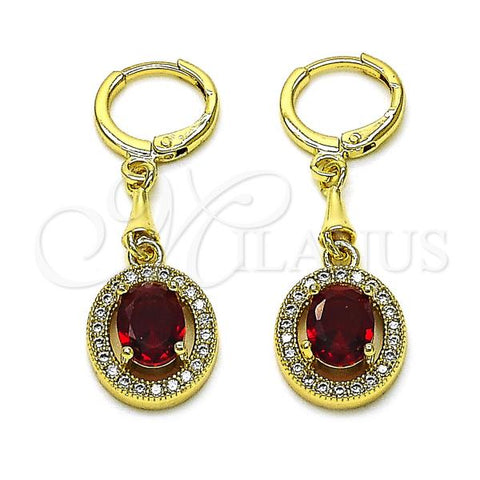 Oro Laminado Long Earring, Gold Filled Style Cluster Design, with White Micro Pave and Garnet Cubic Zirconia, Polished, Golden Finish, 02.213.0339.1