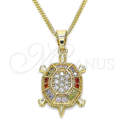 Oro Laminado Pendant Necklace, Gold Filled Style Turtle Design, with Multicolor Micro Pave, Polished, Golden Finish, 04.210.0050.1.20