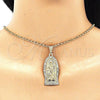 Oro Laminado Religious Pendant, Gold Filled Style Guadalupe Design, with White Crystal, Polished, Golden Finish, 05.351.0125