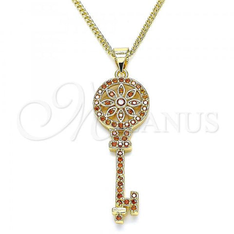 Oro Laminado Pendant Necklace, Gold Filled Style key and Flower Design, with Garnet Micro Pave, Polished, Golden Finish, 04.344.0005.1.20