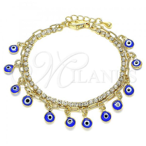 Oro Laminado Charm Bracelet, Gold Filled Style Evil Eye and Paperclip Design, with White Crystal, Blue Resin Finish, Golden Finish, 03.372.0012.08