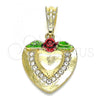Oro Laminado Fancy Pendant, Gold Filled Style Heart and Flower Design, with White Crystal, Polished, Golden Finish, 05.351.0086