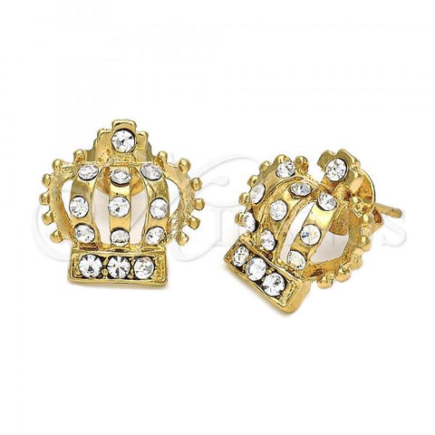 Oro Laminado Stud Earring, Gold Filled Style Crown Design, with White Crystal, Polished, Golden Finish, 5.127.003 *PROMO*