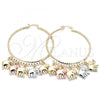 Oro Laminado Large Hoop, Gold Filled Style Elephant Design, Diamond Cutting Finish, Tricolor, 02.380.0041.50
