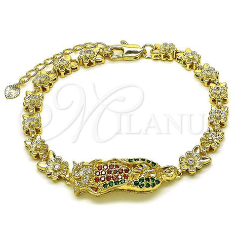 Oro Laminado Solid Bracelet, Gold Filled Style Guadalupe and Flower Design, with Multicolor Cubic Zirconia, Polished, Golden Finish, 03.411.0009.1.08