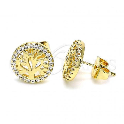 Oro Laminado Stud Earring, Gold Filled Style Tree Design, with White Micro Pave, Polished, Golden Finish, 02.156.0533