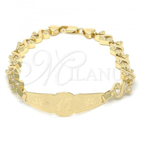 Oro Laminado ID Bracelet, Gold Filled Style Flower and Heart Design, Polished, Golden Finish, 03.63.1947.08