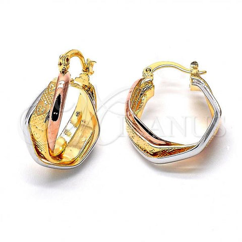 Oro Laminado Small Hoop, Gold Filled Style Heart and Twist Design, Diamond Cutting Finish, Tricolor, 5.155.019