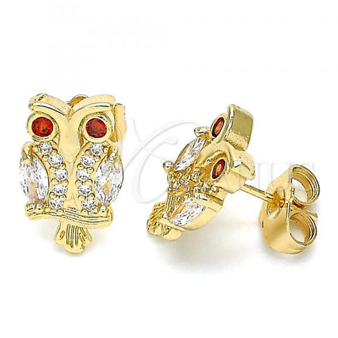 Oro Laminado Stud Earring, Gold Filled Style Owl Design, with White Cubic Zirconia and White Micro Pave, Polished, Golden Finish, 02.210.0370