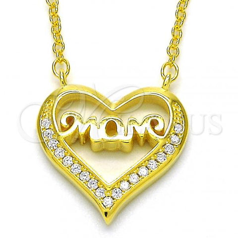 Sterling Silver Pendant Necklace, Heart and Mom Design, with White Cubic Zirconia, Polished, Golden Finish, 04.336.0096.2.16