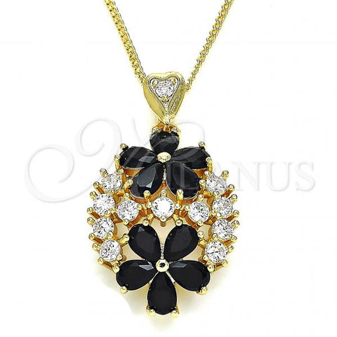 Oro Laminado Pendant Necklace, Gold Filled Style Flower Design, with Black and White Cubic Zirconia, Polished, Golden Finish, 04.346.0013.2.20
