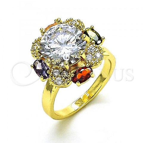 Oro Laminado Multi Stone Ring, Gold Filled Style Flower and Butterfly Design, with Multicolor Cubic Zirconia and White Micro Pave, Polished, Golden Finish, 01.210.0153