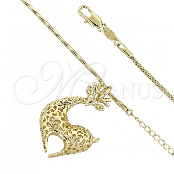 Oro Laminado Pendant Necklace, Gold Filled Style Deer and Rat Tail Design, with White Crystal, Polished, Golden Finish, 04.63.0207
