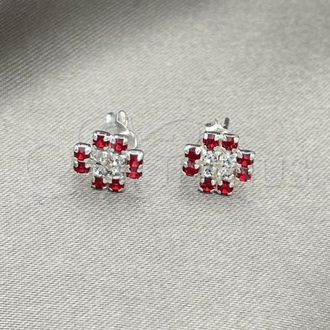 Sterling Silver Stud Earring, Flower Design, with Garnet Crystal, Polished, Silver Finish, 02.406.0014.01