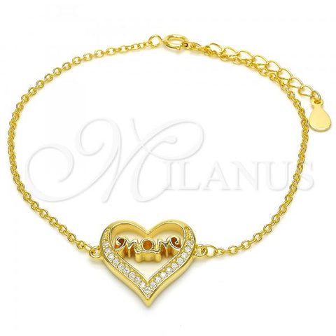 Sterling Silver Fancy Bracelet, Heart and Mom Design, with White Cubic Zirconia, Polished, Golden Finish, 03.336.0038.2.07