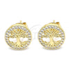 Oro Laminado Stud Earring, Gold Filled Style Tree Design, with White Micro Pave, Polished, Golden Finish, 02.156.0447