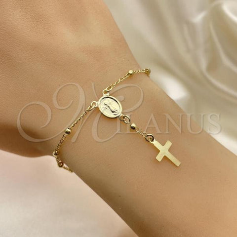 Oro Laminado Bracelet Rosary, Gold Filled Style Cross and Divino Niño Design, Polished, Golden Finish, 09.02.0068