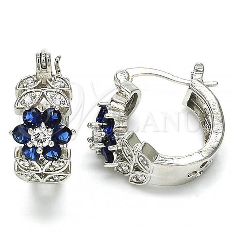Rhodium Plated Small Hoop, Flower and Leaf Design, with Sapphire Blue and White Cubic Zirconia, Polished, Rhodium Finish, 02.210.0272.7.15