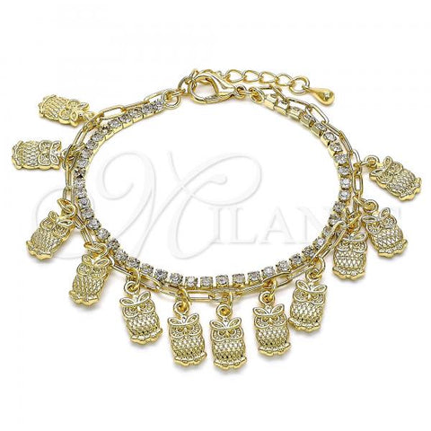 Oro Laminado Charm Bracelet, Gold Filled Style Owl and Paperclip Design, with White Crystal, Polished, Golden Finish, 03.372.0013.08
