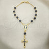 Oro Laminado Bracelet Rosary, Gold Filled Style Virgen Maria Design, with Black Azavache, Polished, Golden Finish, 09.02.0047.08