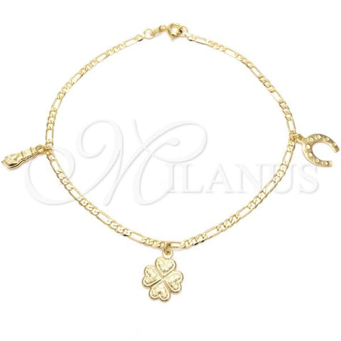 Oro Laminado Charm Anklet , Gold Filled Style Horseshoe and Four-leaf Clover Design, Polished, Golden Finish, 03.58.0020.10