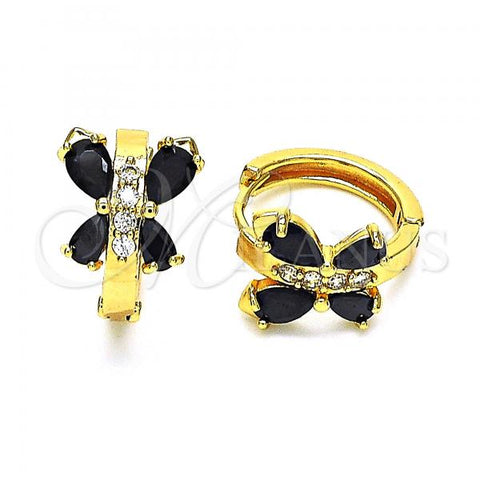 Oro Laminado Huggie Hoop, Gold Filled Style Butterfly and Teardrop Design, with Black and White Cubic Zirconia, Polished, Golden Finish, 02.210.0718.2.15