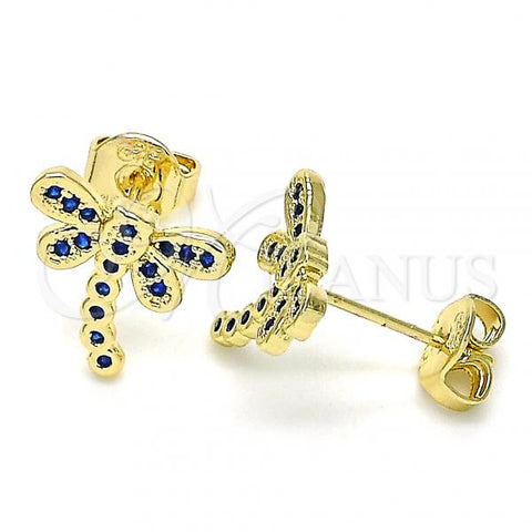 Oro Laminado Stud Earring, Gold Filled Style Dragon-Fly Design, with Sapphire Blue Micro Pave, Polished, Golden Finish, 02.156.0396.2