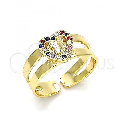 Oro Laminado Baby Ring, Gold Filled Style Heart and Butterfly Design, with Multicolor Micro Pave, Polished, Golden Finish, 01.233.0015.2 (One size fits all)