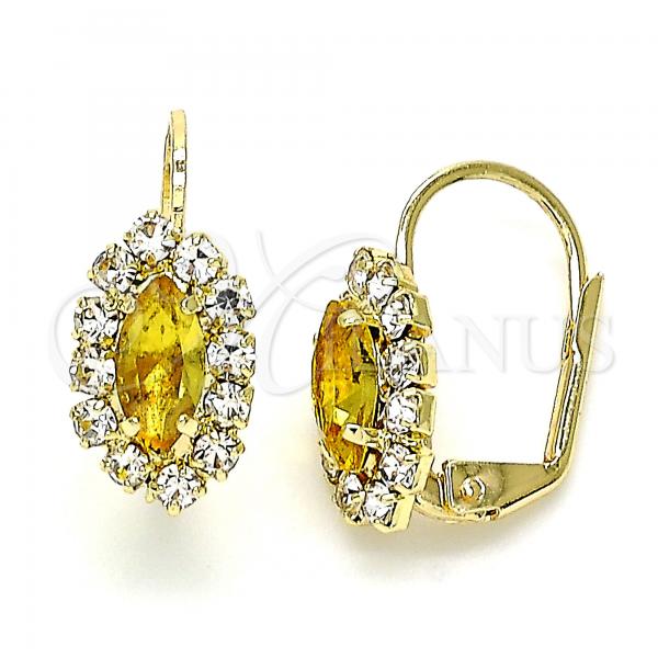 Oro Laminado Leverback Earring, Gold Filled Style Leaf Design, with Dark Champagne and White Crystal, Polished, Golden Finish, 02.122.0082.7