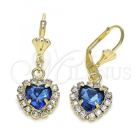 Oro Laminado Dangle Earring, Gold Filled Style Heart Design, with Sapphire Blue and White Crystal, Polished, Golden Finish, 02.122.0114.3