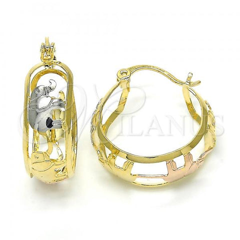 Oro Laminado Small Hoop, Gold Filled Style Elephant Design, Polished, Tricolor, 02.106.0033.1.20