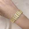 Oro Laminado Solid Bracelet, Gold Filled Style Flower Design, Diamond Cutting Finish, Golden Finish, 03.100.0072.08