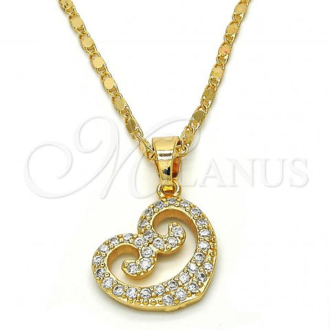 Oro Laminado Pendant Necklace, Gold Filled Style Heart Design, with White Cubic Zirconia, Polished, Golden Finish, 04.304.0006.18