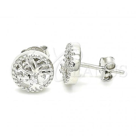 Sterling Silver Stud Earring, Tree Design, with White Cubic Zirconia, Polished, Rhodium Finish, 02.369.0034