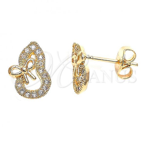 Oro Laminado Stud Earring, Gold Filled Style Bow Design, with White Micro Pave, Polished, Golden Finish, 02.122.0075