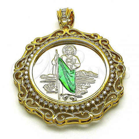 Oro Laminado Religious Pendant, Gold Filled Style San Judas and Centenario Coin Design, with White Cubic Zirconia, Polished, Two Tone, 05.380.0161