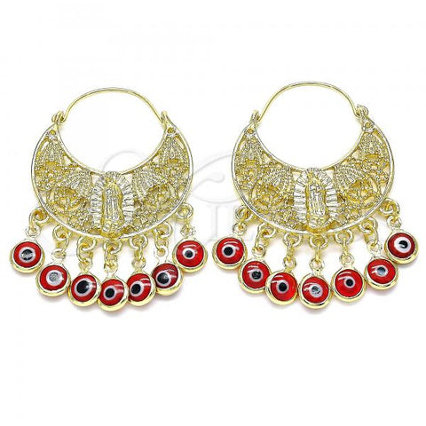 Oro Laminado Long Earring, Gold Filled Style Guadalupe and Evil Eye Design, Red Resin Finish, Golden Finish, 02.380.0056.1